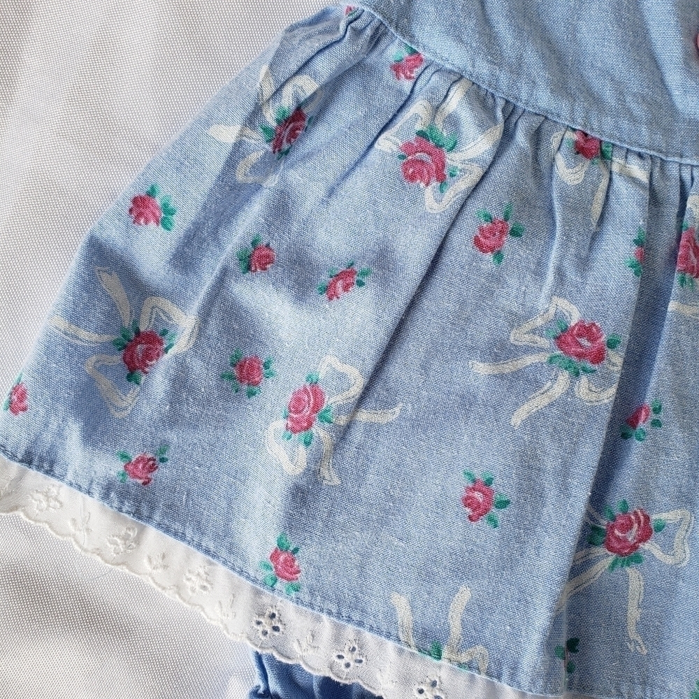 Baby Blue Floral Print Dress and Diaper Cover Set Pink Roses Lace Trim Baby Girl - Picture 2 of 8
